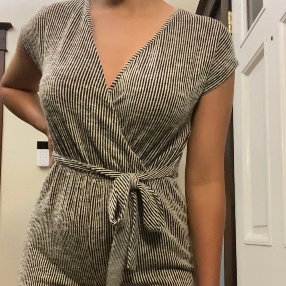 Belted striped short sleeve jumpsuit